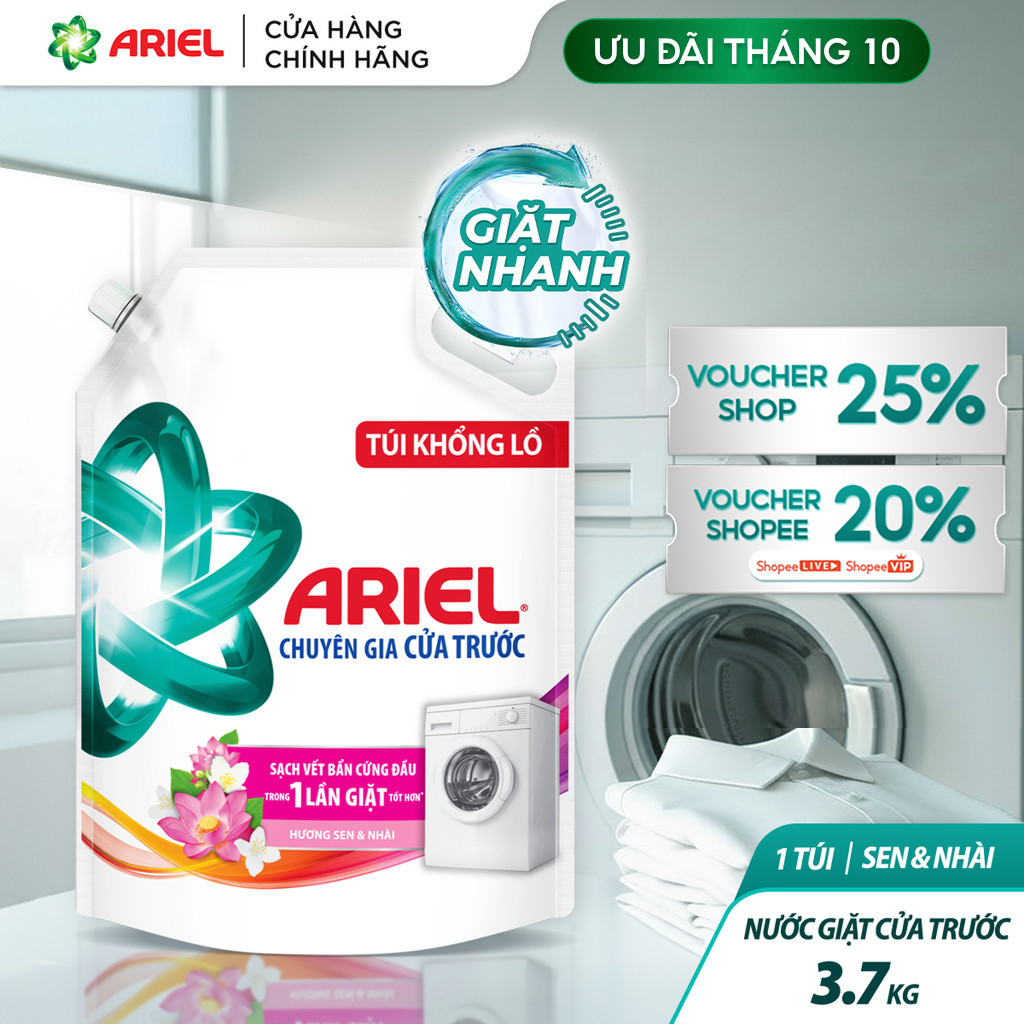 Nước Giặt Cửa Trước ARIEL Hương Sen & Nhài 3.7KG/ Nước giặt 10X giặt sạch túi 3.7KG