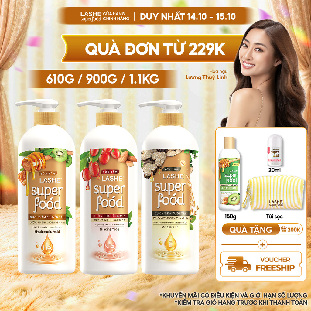 Sữa Tắm LASHE SUPERFOOD Dưỡng Da Sáng Mịn / Dưỡng Ẩm Chuyên Sâu / Dưỡng Da Tươi Trẻ 610G/ 900G/ 1.1KG