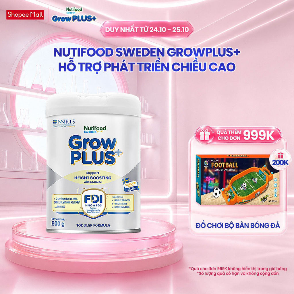 [Livestream KOL] Sữa Bột Nutifood Sweden GrowPLUS+ Cao lớn vượt trội (Bạc) 800g