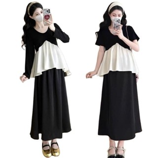  Sét suông đầm bầu MAMADRESS thiết kế ÁO KÈM CHÂN VÁY đen phối trắng công sở tiểu thư tiện lợi S73 