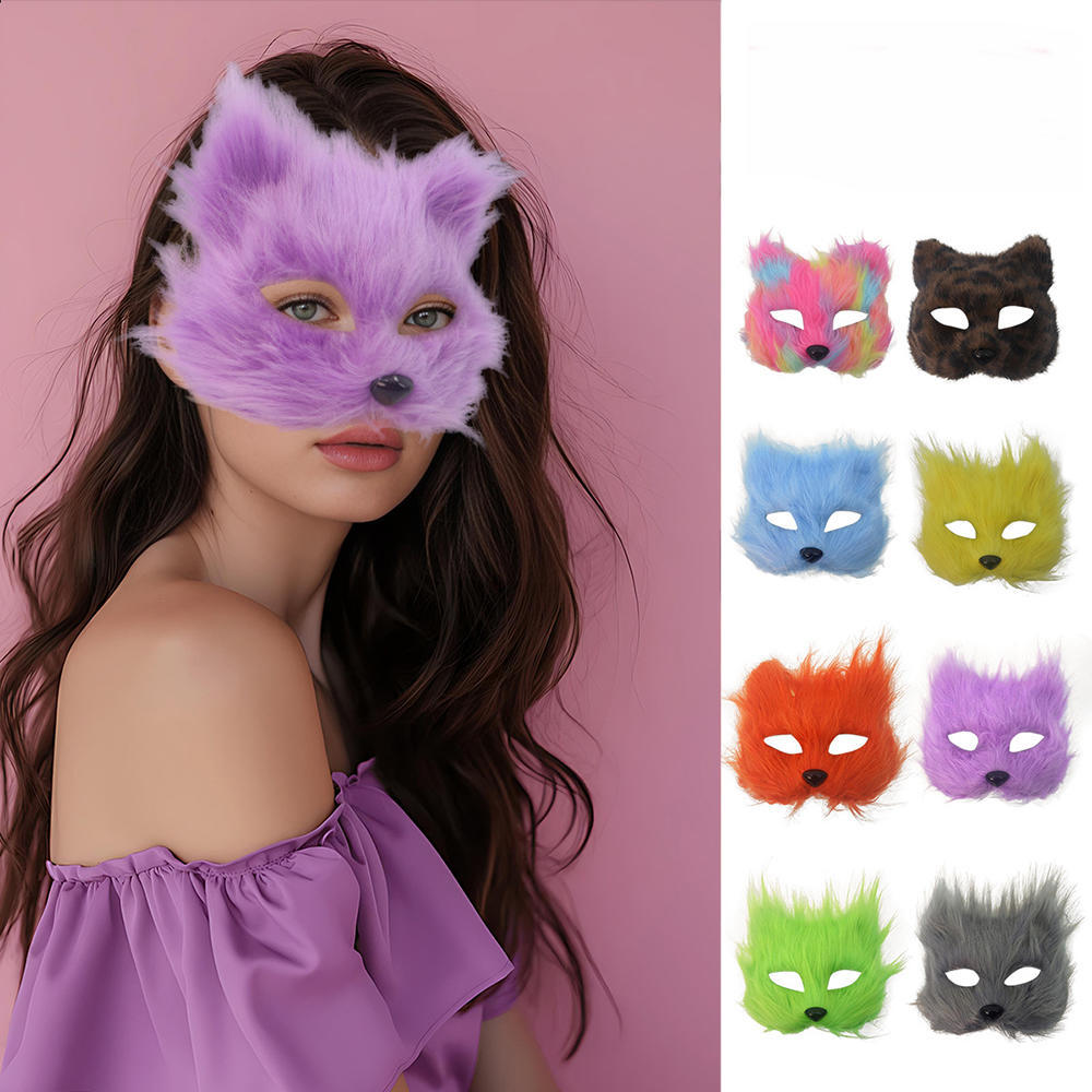 Mặt nạ đầy màu sắc Halloween Cat Canine Mask Trang phục hóa trang nửa mặt Fox Animal Furry Party Giá