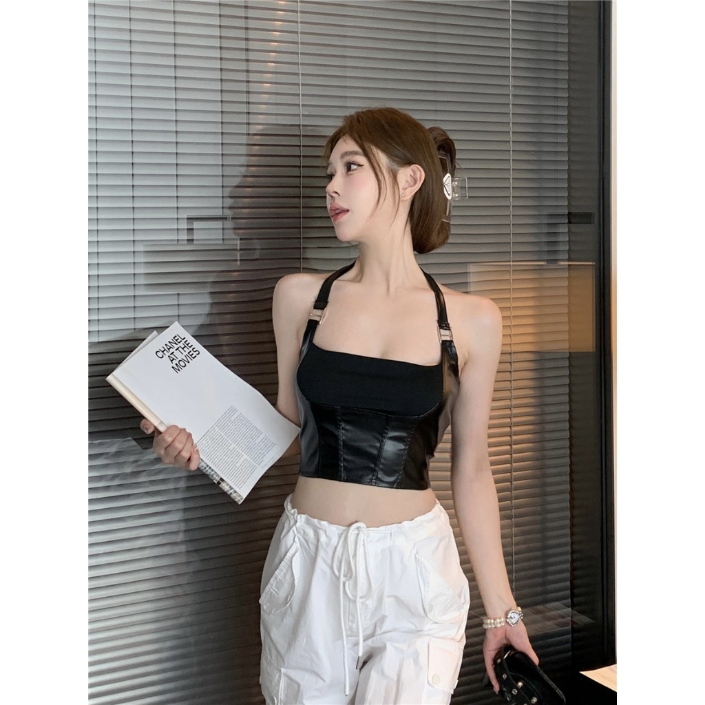 Klalien Treo Cổ Gợi Cảm Đơn Giản Màu Đen Hộp Đêm Mờ Quyến Rũ Nóng Cao Phố Thu Nhỏ Tập Hợp Nữ Rốn Ngắn Áo Vest | BigBuy360 - bigbuy360.vn