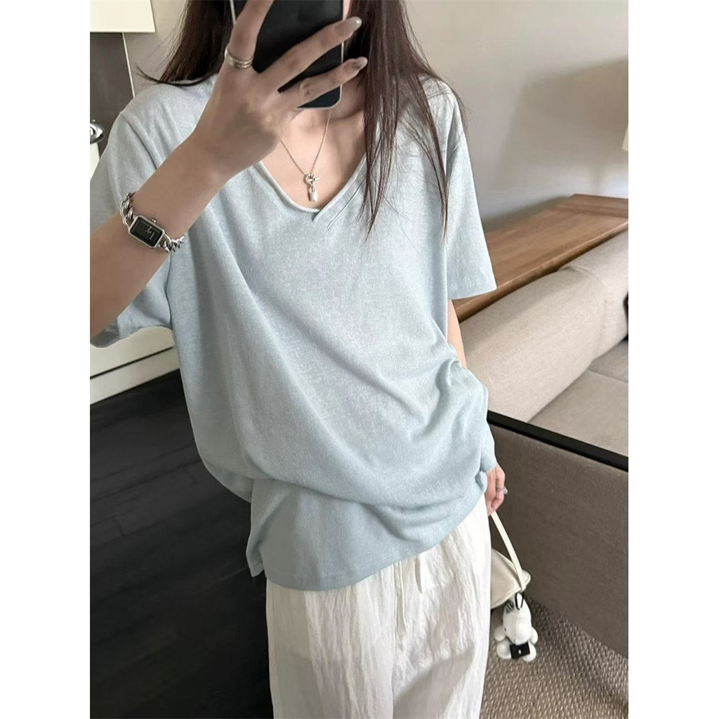 Khuyến nghị tự phục vụTriều đại Hàn Quốc @ erume Loose Lazy Style Loose Phiên bản lớn Uốn cổ chữ V S