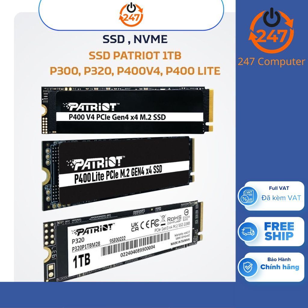 Ổ cứng SSD Patriot P300, P320, P400v4, P400 Lite  1TB M.2 2280 PCIe Gen3 x4 - BH 60 tháng