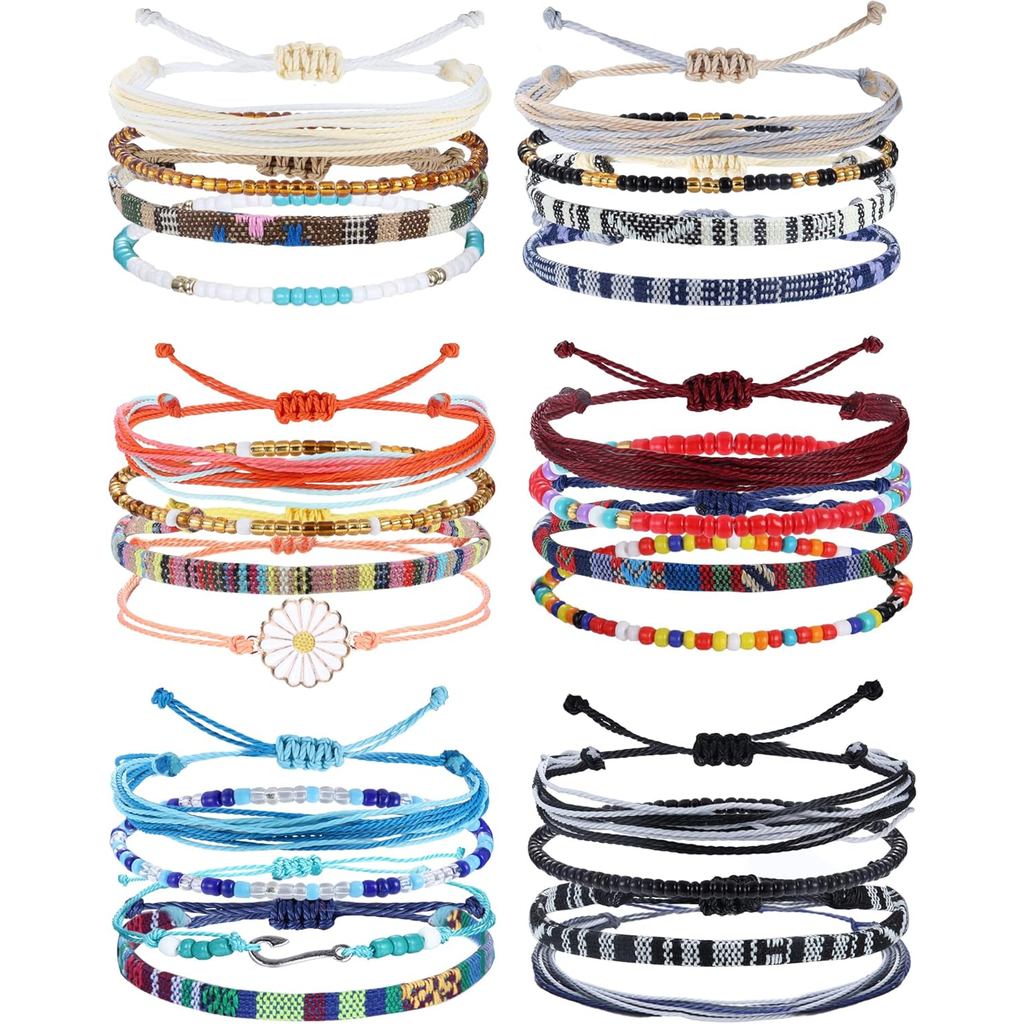 LOLIAS 24 Pieces Waterproof String Bracelets for Women Surfer Wave Boho Bracelet Adjustable Handmade