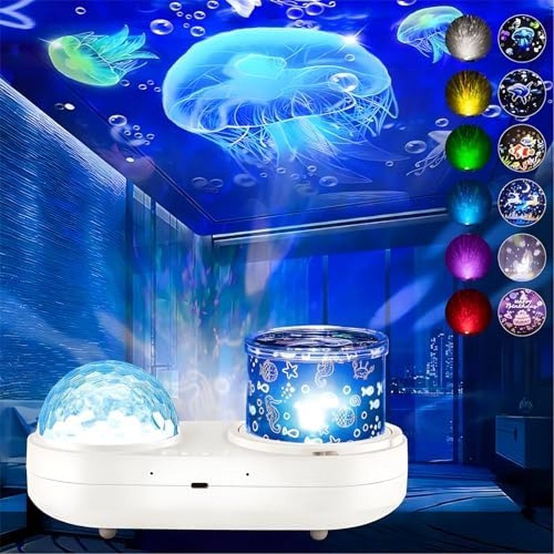 Ocean Kids Night Light Projector,360°Rotating Jellyfish Lamp Projector with 7 Films & Timer Sensory 