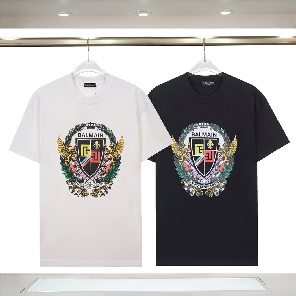 < BALMAIN > BALMAIN 25 logo chữ cái phong cách mới Quy trình phun trực tiếp mực trắng, Áo thun ngắn 