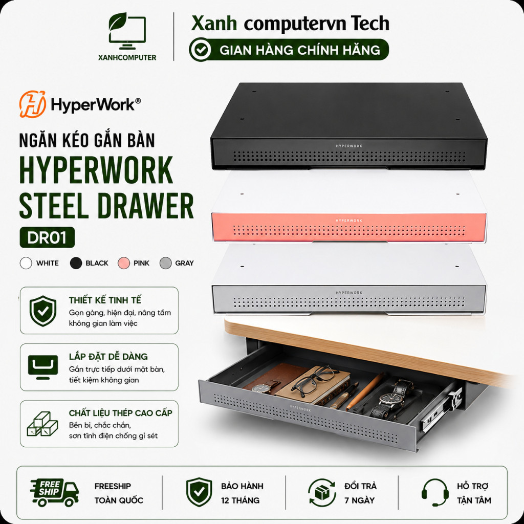 Ngăn kéo gắn bàn HyperWork Steel Drawer DR01 | Chất liệu thép không gỉ - sơn tĩnh điện - Hàng Chính 