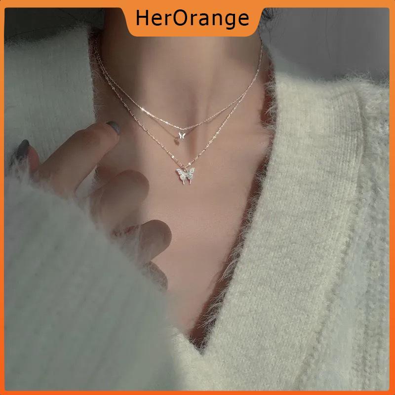 HerOrange Hai Lớp Xương Đòn Dây Chuyền Nelace Trang Sức Zircon Bướm Mặt Dây Chuyền Nelace Cho Nữ Phụ Kiện.