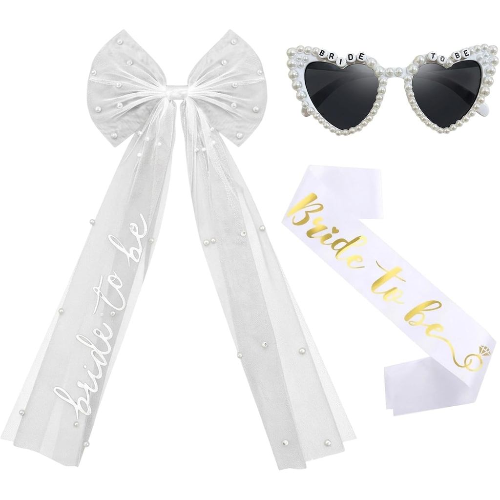 3 Phụ Kiện Cô Dâu, Phụ Kiện Tiệc Cô Dâu Bachelorette, Veil Trắng, Kính Mát Trái Tim Ngọc Trai Cho Cô