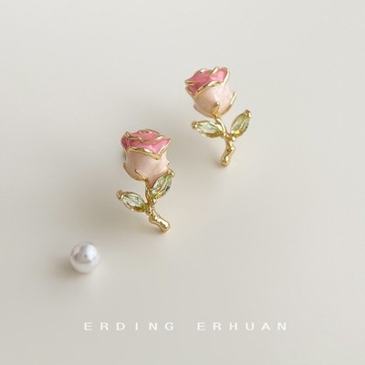 Bông tai tráng men hồng Mini Pinkdudu với kim mạ bạc không gây dị ứng Pha lê lấp lánh Giọng hoa Giọt quà tặng đa năng cho cô ấy PD2631