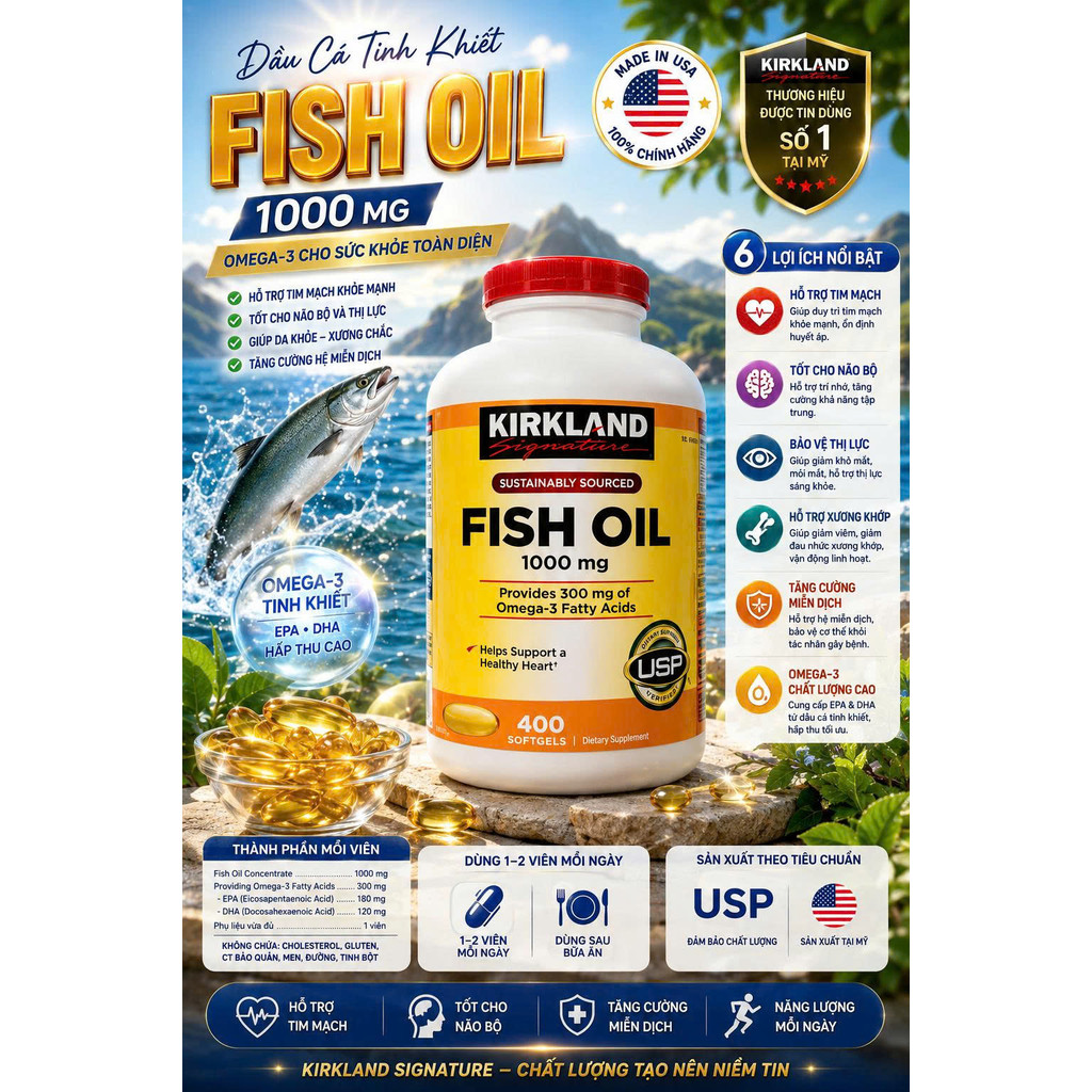 Viên Uống Dầu Cá Omega-3 Kirkland Fish Oil 1000mg (Hộp 400 Viên)
