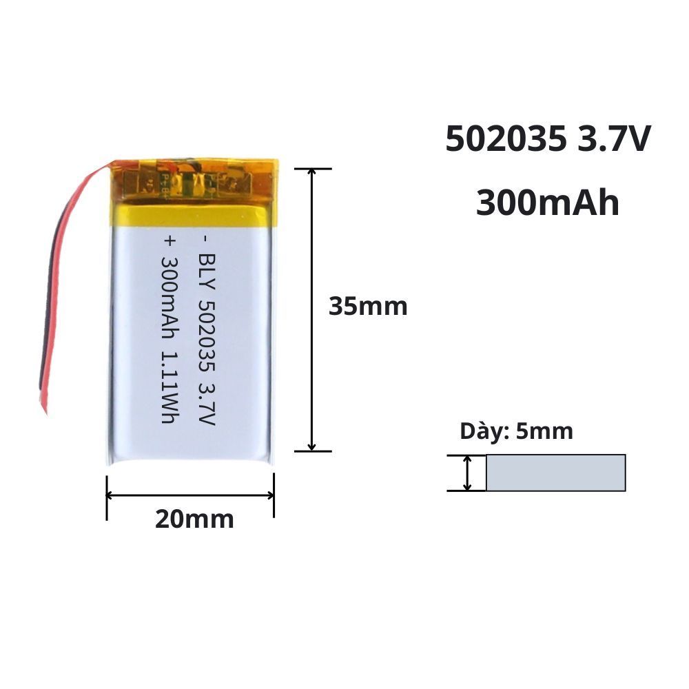Pin sạc 3.7V 502035 300mAh cho tai nghe, Loa, thiết bị điện tử