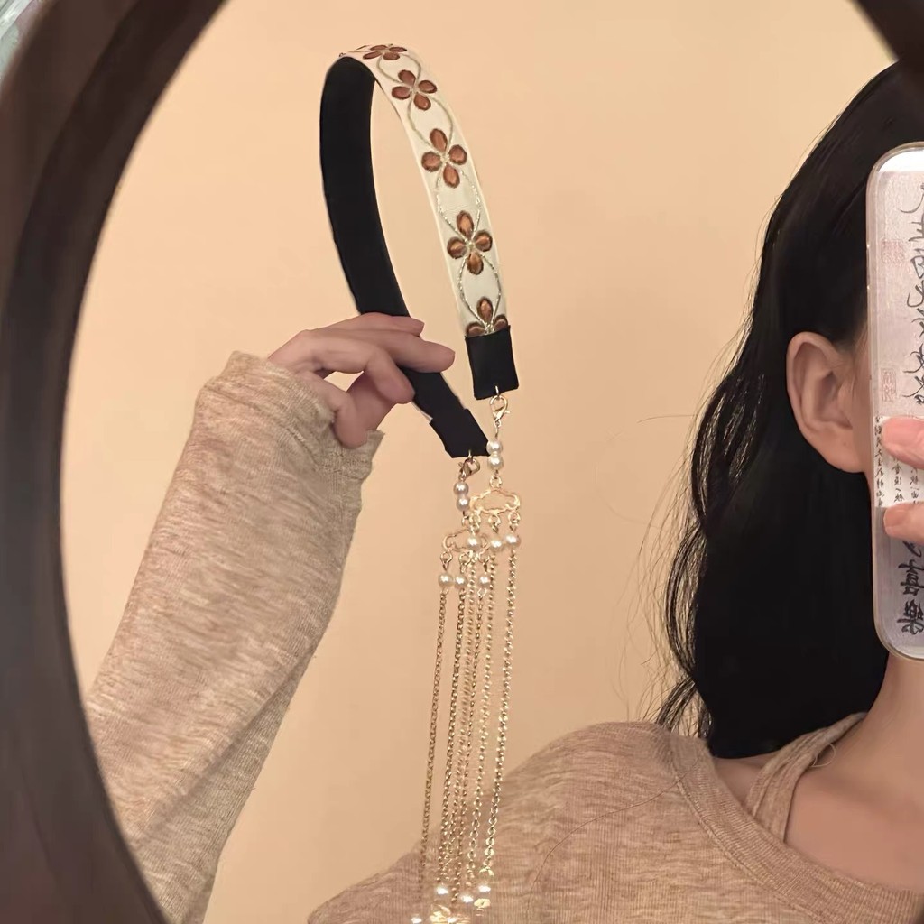 {Park Peanut Fragrance} 2026 Phong Cách Mới Retro Thêu Bốn Lá Tua Rua Băng Đô Sang Trọng Băng Đô Mới
