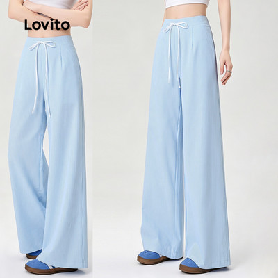 (New Arrival) Lovito Quần ống rộng họa tiết nơ phong cách thường ngày mùa xuân/hè màu xanh dương cho nữ LK7ATD110