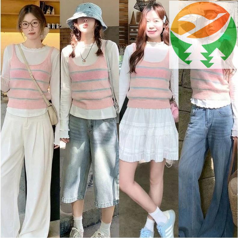 Gf4 Hồng Sọc Ngắn Dệt Kim Không Tay Áo Khoác Nữ Mùa Xuân Slim Áo Khoác Top Xuân