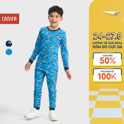 Bộ quần áo bé trai CANIFA dài tay cổ tròn có hình in 2LS25W005