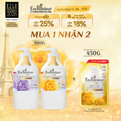 [TẶNG Túi 450G] Sữa tắm hương nước hoa Pháp Enchanteur Deluxe 900g - Mềm mịn như lụa Lưu hương 24H (Tặng mùi ngẫu nhiên)