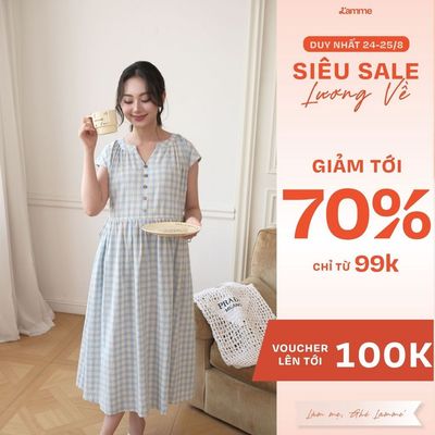Váy Bầu Karo Dress L'amme - Chất Thô Kẻ Họa Tiết Caro Trẻ Trung, Dáng Suông Rộng Che Bụng Hiệu Quả