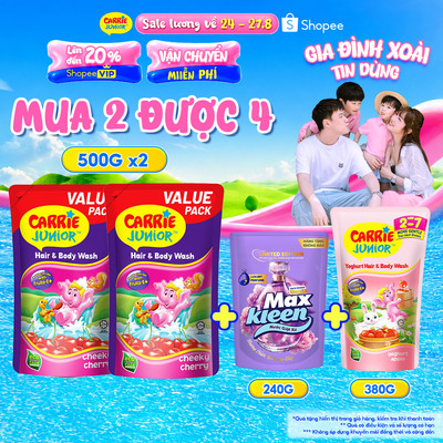 [MUA 3 TÍNH TIỀN 2] Combo 3 Túi Sữa Tắm Gội Sạch Dịu Nhẹ & ẩm mịn Cho Bé Carrie Junior Cheeky Cherry (500g x 2)