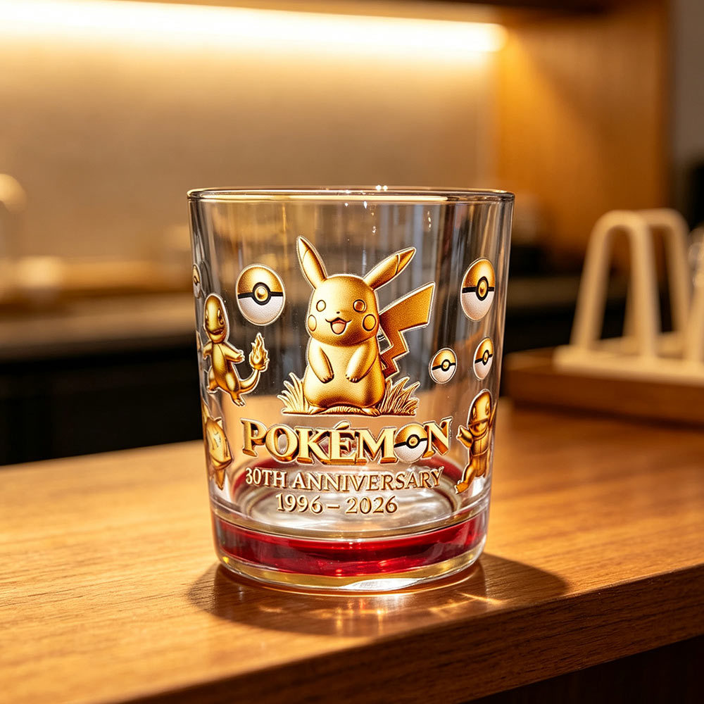 Ornate Pokemon Anniversary Pikachu Printed Clear Tumbler Glass For Drinking And Themed Tabletop Deco