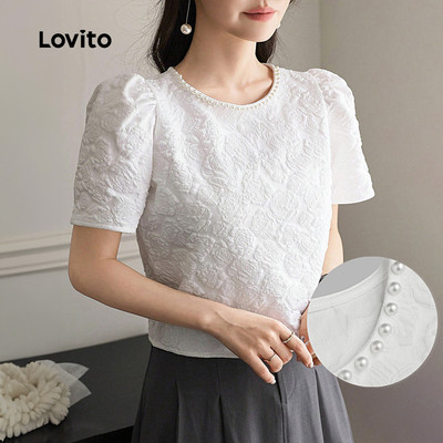 Áo Lovito thanh lịch jacquard mềm mại phối ngọc trai mùa xuân/hè màu trắng cho nữ L137ED806