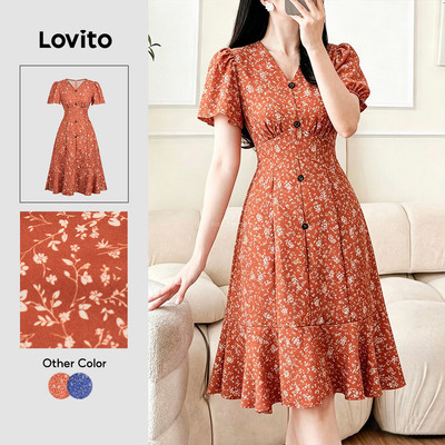 Đầm Lovito Kỳ nghỉ họa tiết hoa xếp nếp mùa xuân/hè cho nữ L165ED1557