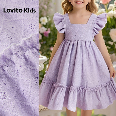 Lovito Kids Phong cách thường ngày Đầm bé gái dễ thương xếp nếp vải jacquard mùa xuân/hè màu tím L174LD157