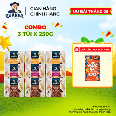 Combo 3 Túi Bánh Quy Yến Mạch QUAKER 250G Hương Socola/Hạnh Nhân Mật Ong/Nho Khô - Giàu dinh dưỡng và tốt cho sức khỏe