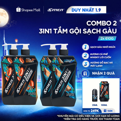 [MỚI] Combo 2 Tắm Gội Sạch Gàu 3in1 Xmen Everest Coffee & Aqua Sport 610g/chai, Sạch Gàu-Nhờn-Ngứa, Mùi Hương Nam Tính