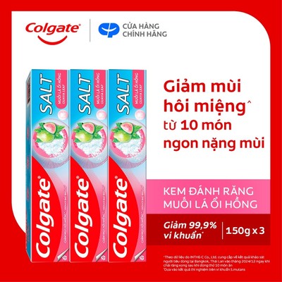 Bộ 3 Kem Đánh Răng Colgate Muối Lá Ổi Hồng giảm hôi miệng và vi khuẩn tích tụ 150g/ tuýp
