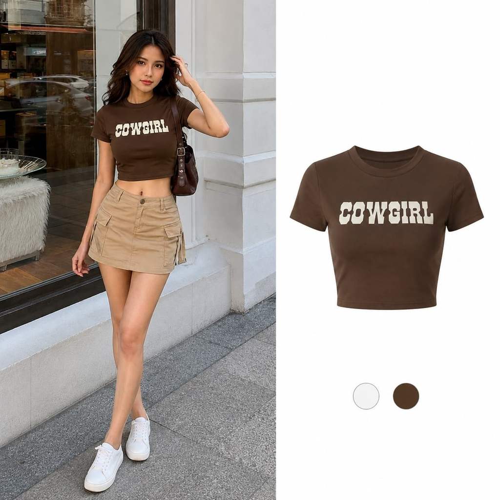 Áo thun Crop Top ngắn tay họa tiết COWGIRL Y2K thời trang Slim Fit Cool Girl Style