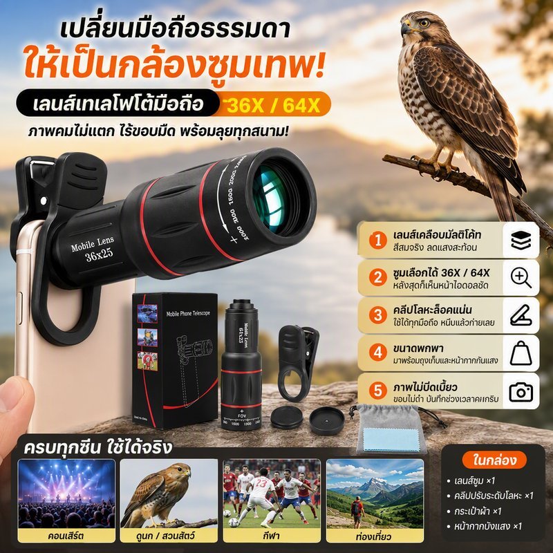 Ống kính Zoom di động Telephoto 36x 64x HD với kẹp kim loại Mặt nạ ánh sáng Chim xem buổi hòa nhạc T