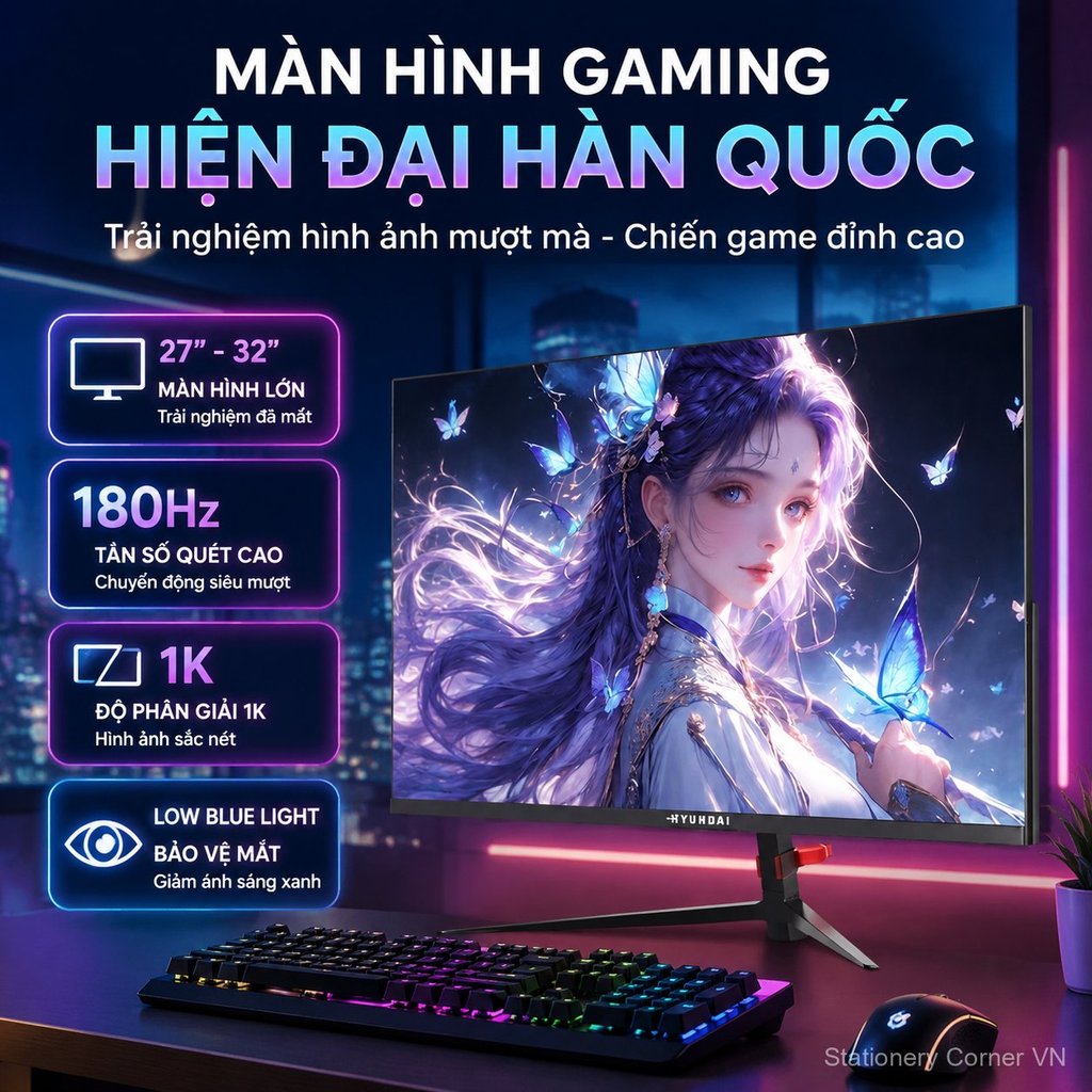 Màn hình máy tính 27 inch 1K 180Hz gaming, không viền, 32 inch cong, chống ánh sáng xanh