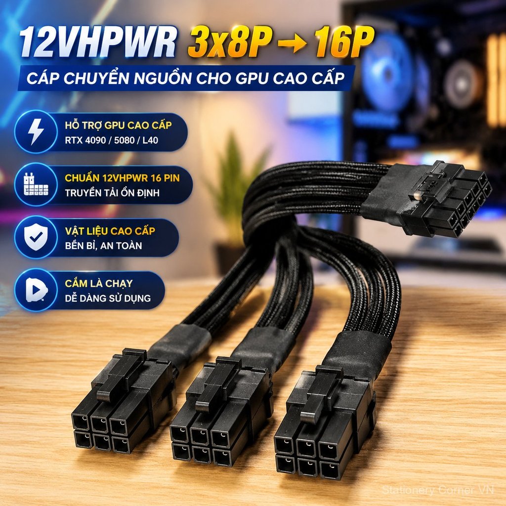 Cáp nguồn 12VHPWR 3x8 pin sang 16 pin cho GPU 4090/5080/L40, dẫn điện tốt, an toàn, bền