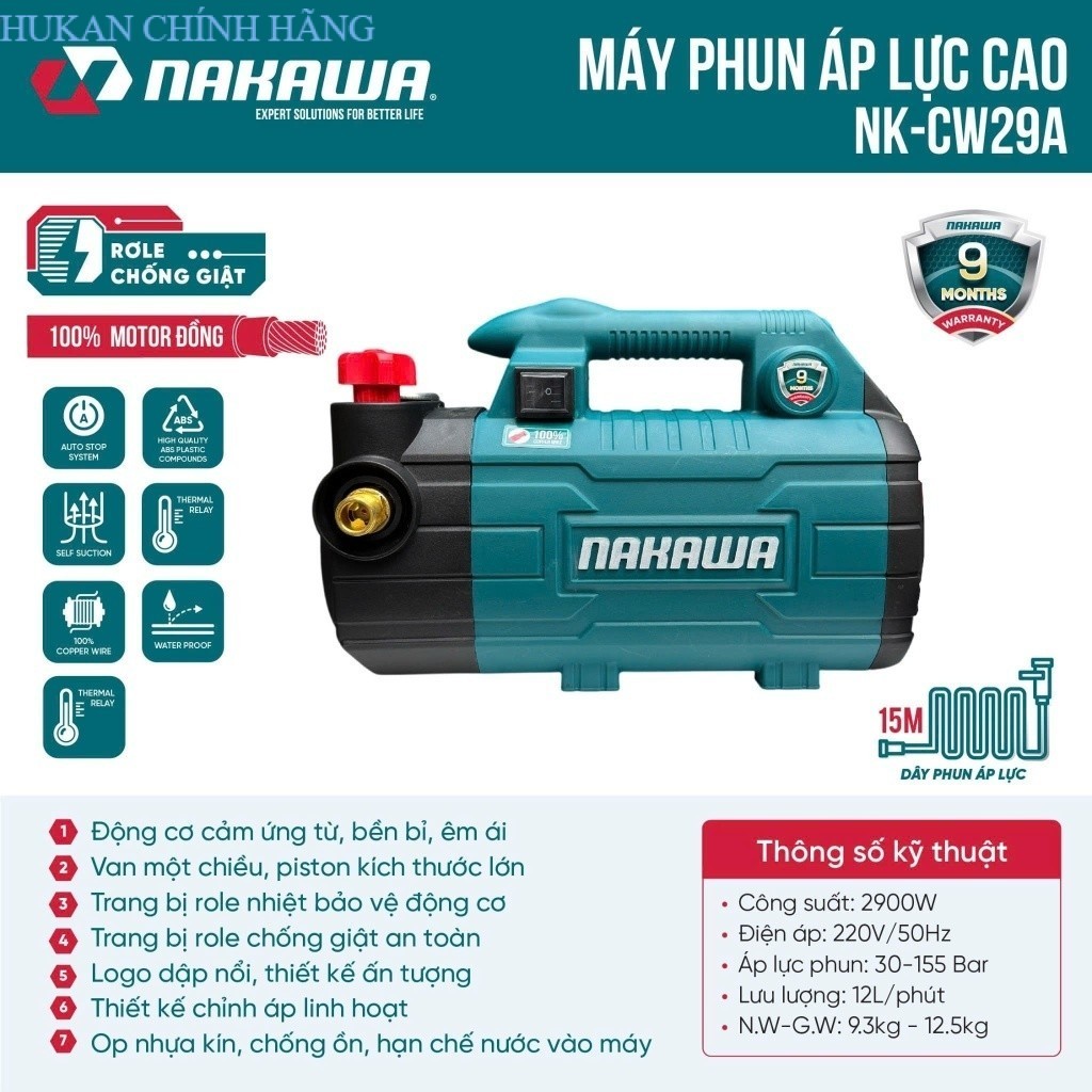 Máy Rửa Xe Áp Lực Cao NAKAWA ( NK-CW29A ) Công Suất 2900W- Có Công Tắc Chống Giật- HUKAN CHÍNH HÃNG