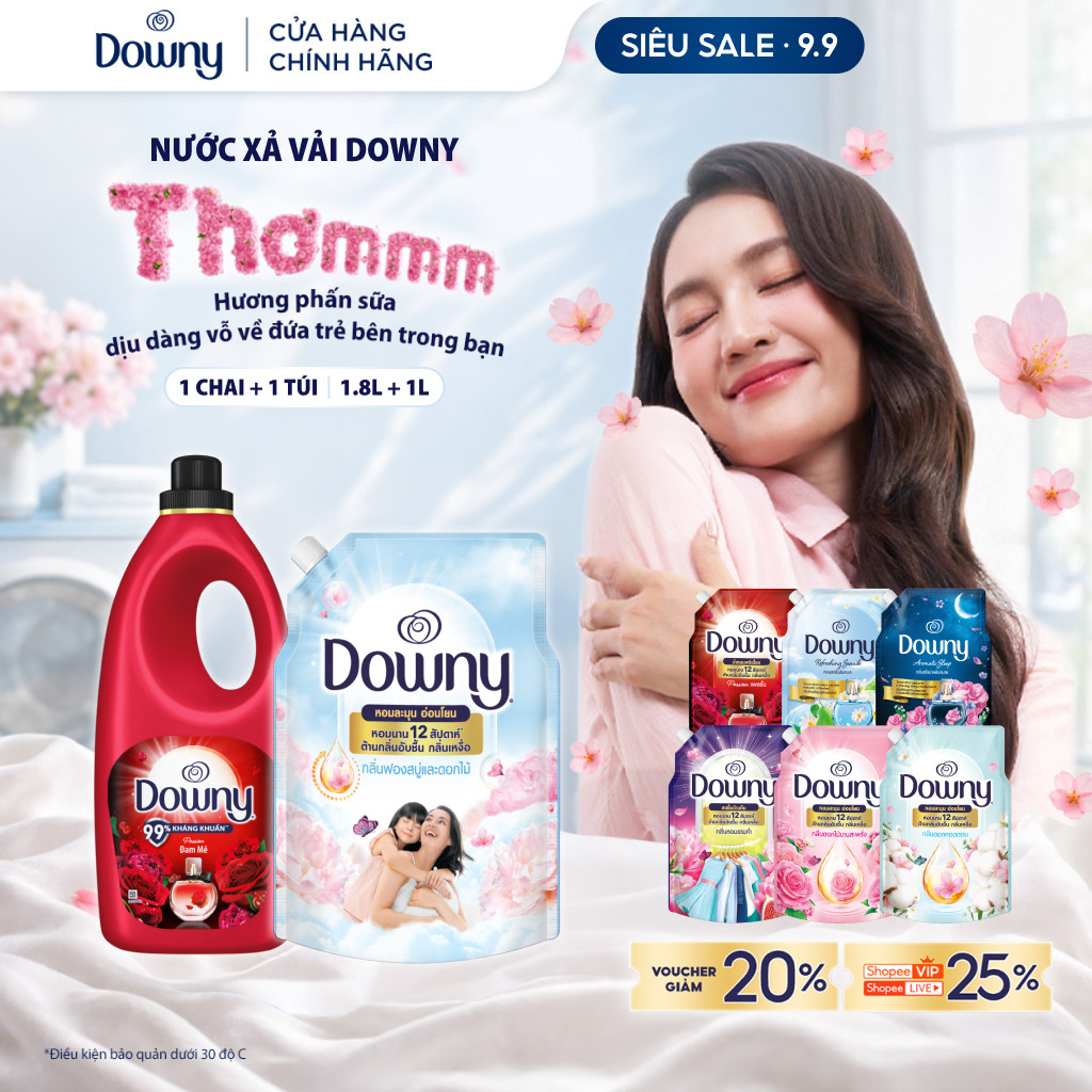 Combo Nước Xả Vải Downy Đam Mê/Huyền Bí Chai 1.8L & Nước Xả Vải Downy Túi 1L