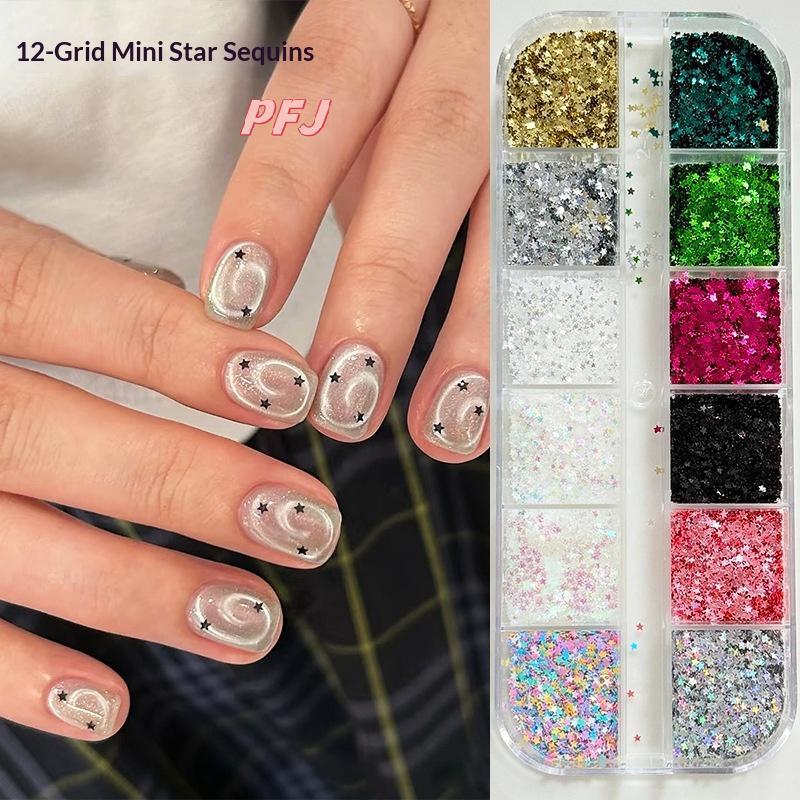 PFJ 12 ô Ngôi Sao Kim Sa Lấp Lánh, Charm Nail 5 Cánh Đa Sắc, Trang Trí Móng 3D, Phụ Kiện DIY, Đinh T