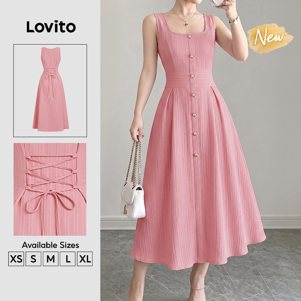 (New Arrival) Lovito Elegant Button Tie Back Draped Long Aline Spring Summer Workwear Pink Dress for