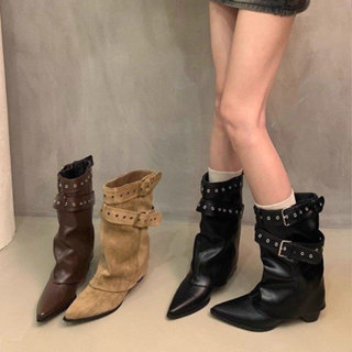 Phong Cách Hàn Quốc Mũi Nhọn Thời Trang Giày Bốt Martin Đế Dày PU Nữ Chống Trơn Trượt Chống Mài Mòn Retro Thời Trang Nữ Thời Trang