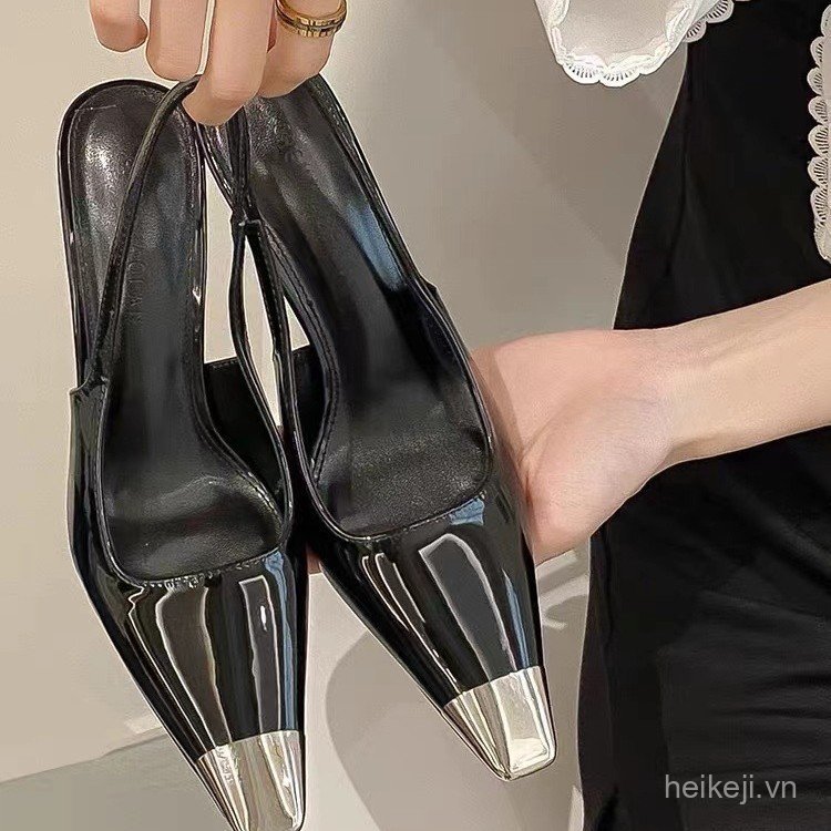 High Heels Black Patent Leather Closed-Toe Sandals Women's Single Shoes Stiletto High Heels