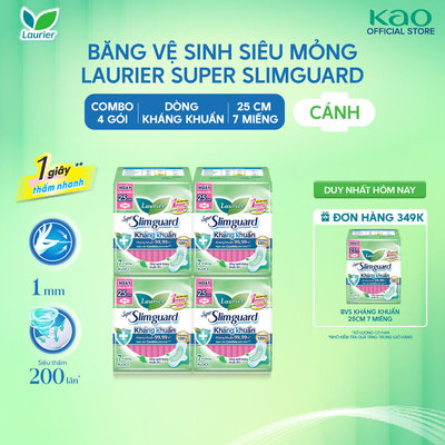 Combo 4 gói BVS Laurier Siêu Mỏng 1mm Kháng khuẩn 25cm 7 miếng