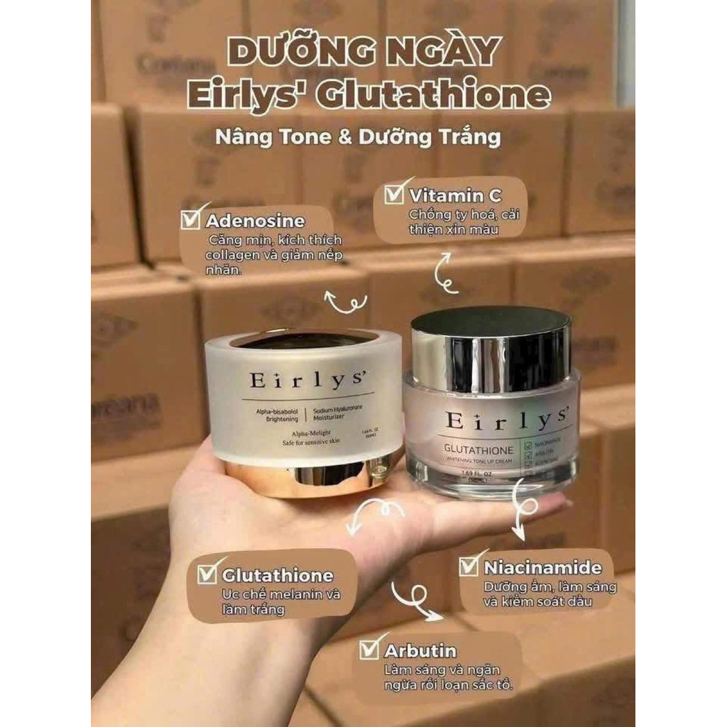 [ HÀNG CÔNG TY] Bộ Kem Dưỡng Trắng Da Eirlys Glutathione Mờ Nám Tàn Nhang Nâng Tone Ngày - Đêm Chính