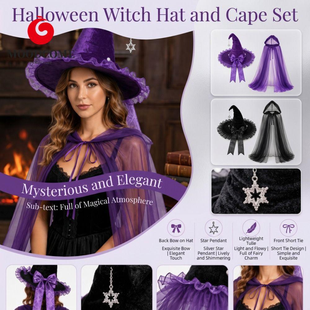 MOODCOME Halloween Mũ Phù Thủy Bộ Áo Khoác, Nhập Vai Có Mũ Lưới Mũ Phù Thủy Có Mũ Trùm Đầu Áo Khoác,