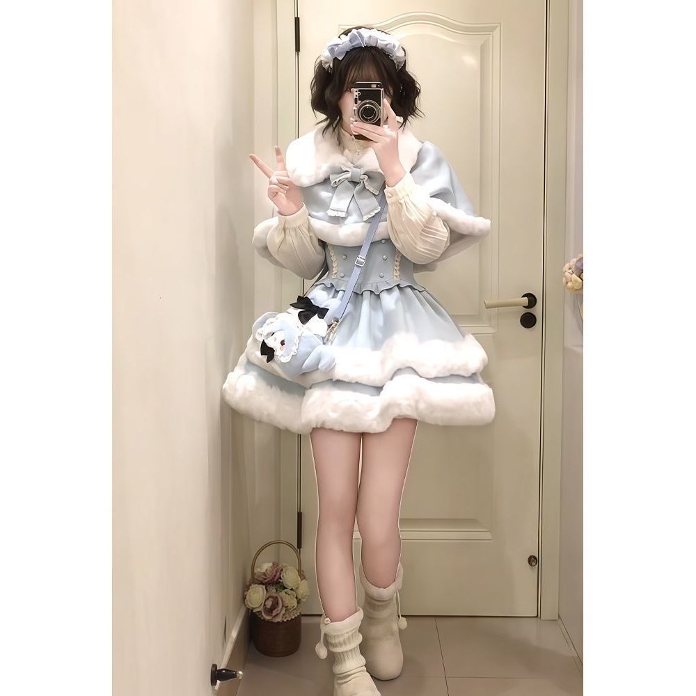 Đám Mây Hai Mảnh Đầm lolita Áo Len Tươi Đầm Mùa Đông Ngọt Ngào Eo Nữ