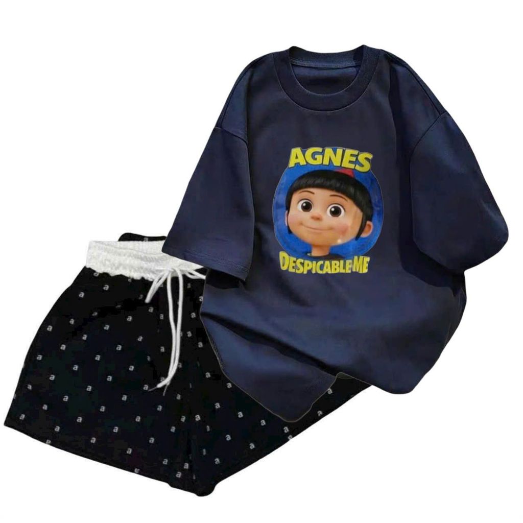 Sét đồ  Quần đùi cộc chữ Aaa dáng ngắn đen + phông cotton xanh than hình annes xinh-nangha99