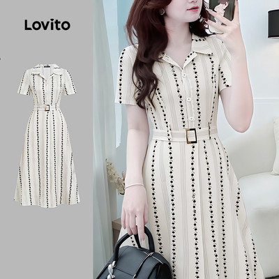 Lovito Đầm thanh lịch thắt lưng có nút phía trước mùa xuân/hè màu kaki cho nữ L171ED992