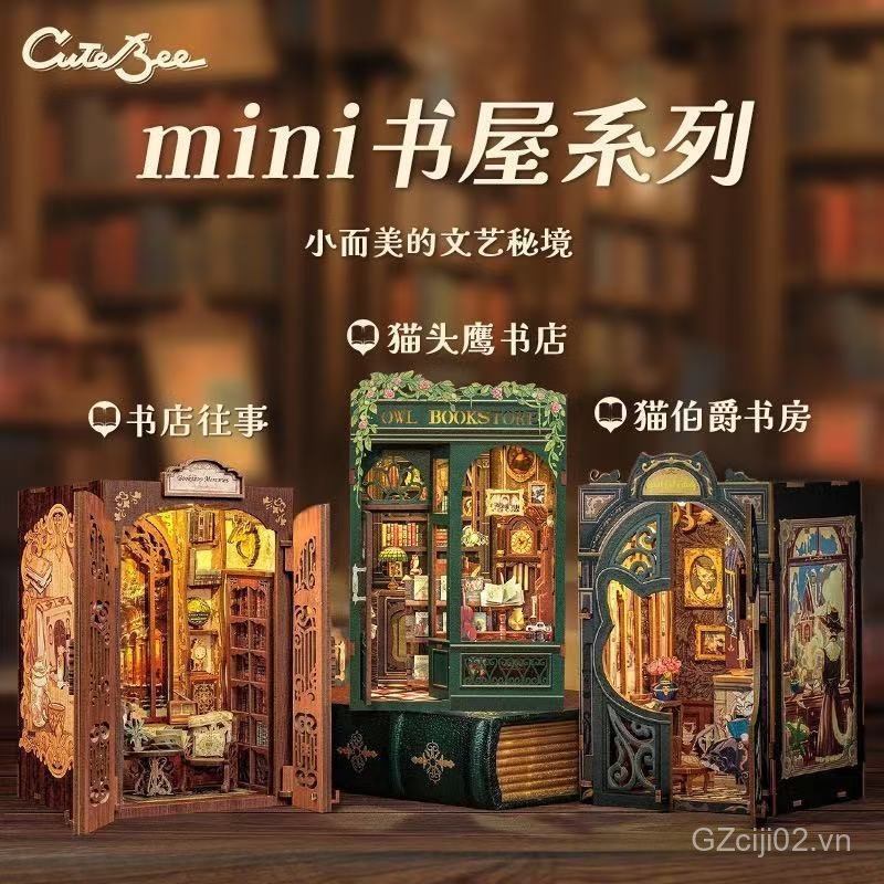C Cat Study Bookstore Past Wooden Owl Lắp Ráp Bookend Thu Nhỏ Cảnh Hut Khối Xây Dựng Bằng Gỗ KRGG