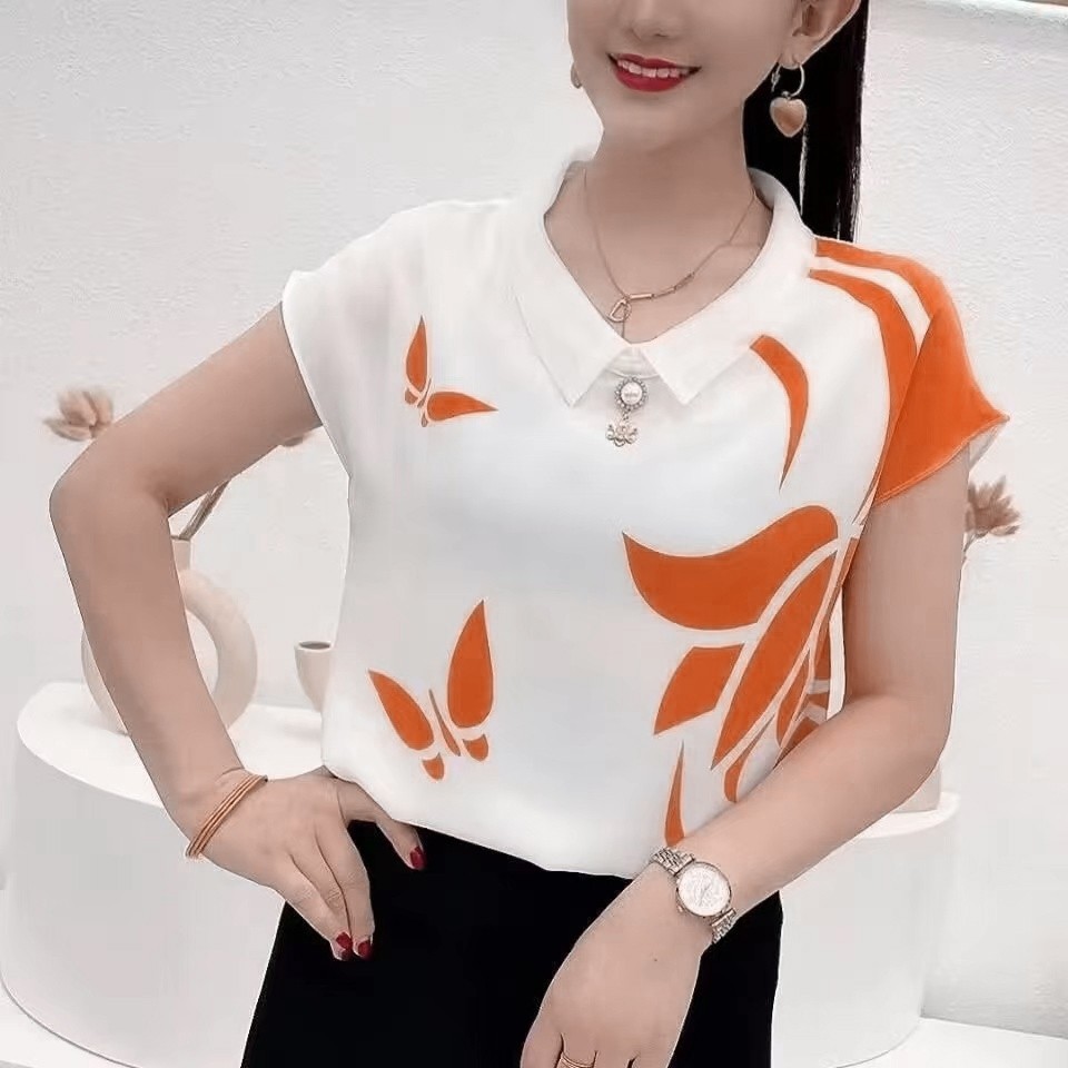 19Áo Sơ Mi Nữ Polyester Tay Ngắn Mùa Hè Voan Top Midlife Loose Floral19