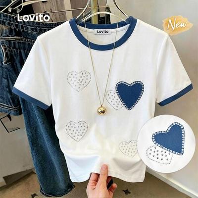 (New Arrival) Áo thun Lovito Casual họa tiết trái tim phối màu tương phản, màu trắng ngà, thích hợp cho mùa xuân/hè, dành cho nữ, mã sản phẩm TSB199P2D788.